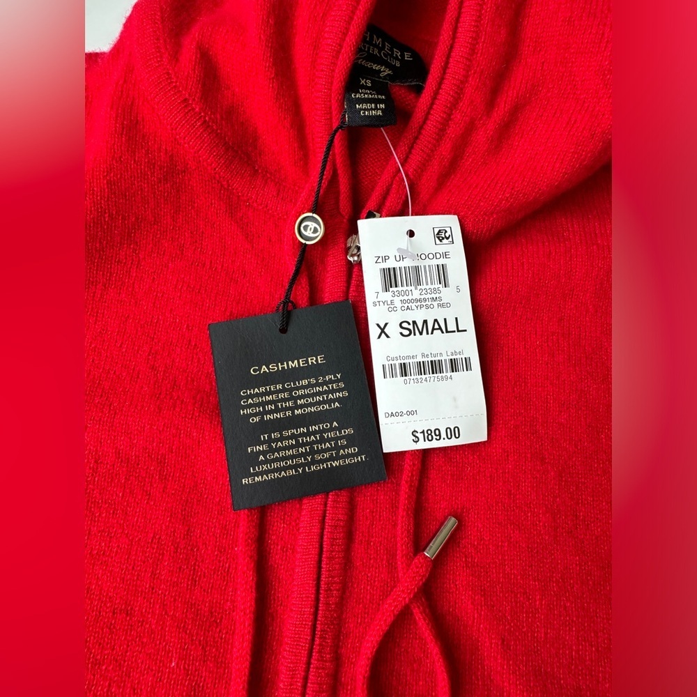 NWT Charter Club Luxury Red 100% Cashmere Full Zip Hoodie Sweater Women's XS - Picture 5 of 9
